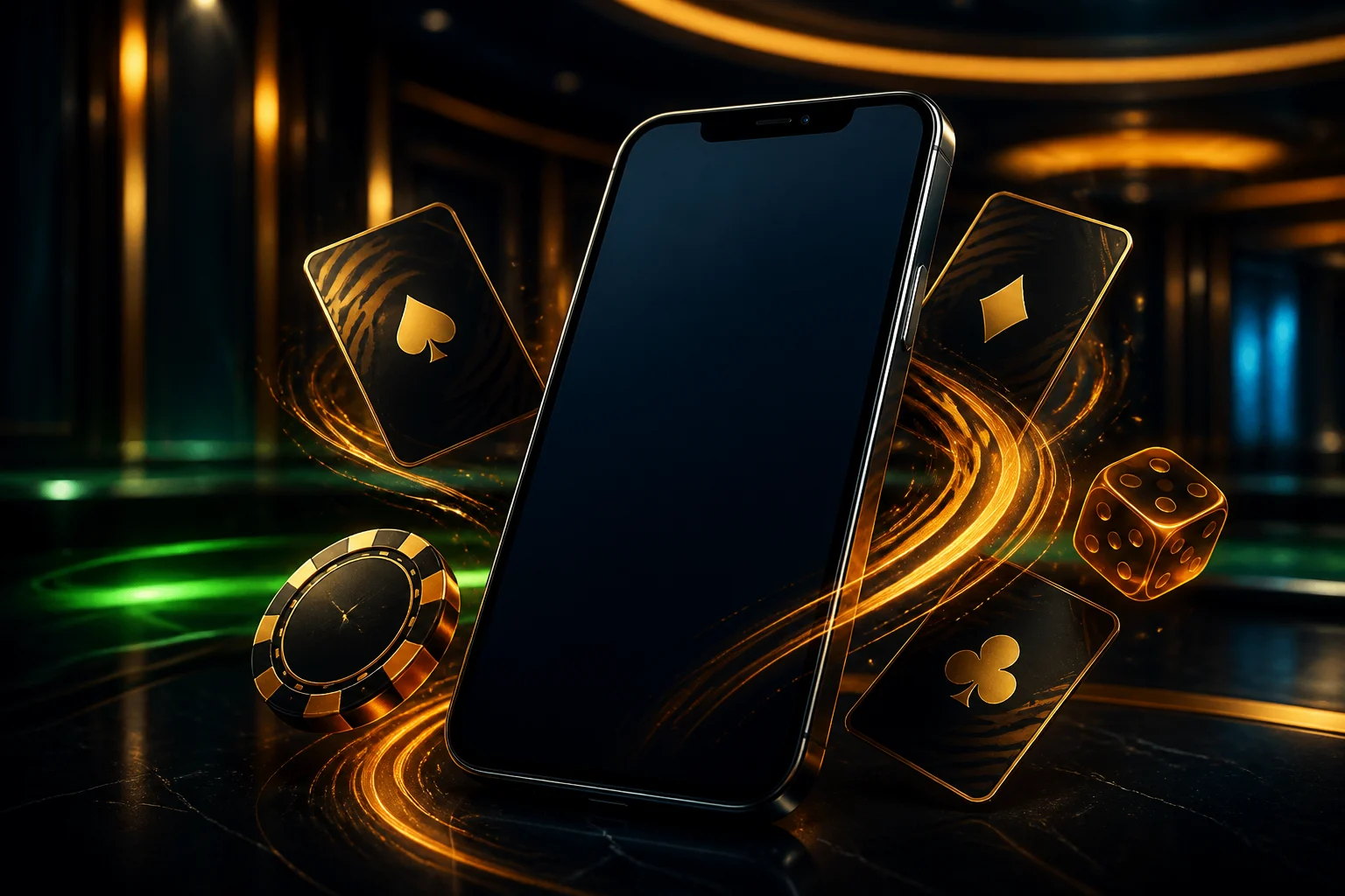 SpinTiger Mobile-Erlebnis mit Smartphone, Spielkarten und Chips