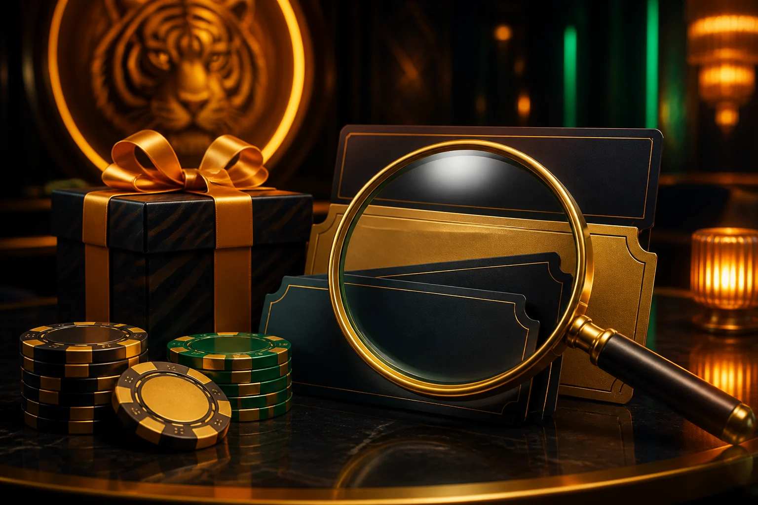 SpinTiger Bonusbereich mit Geschenkbox, Chips und Lupe im Premium-Casino-Stil