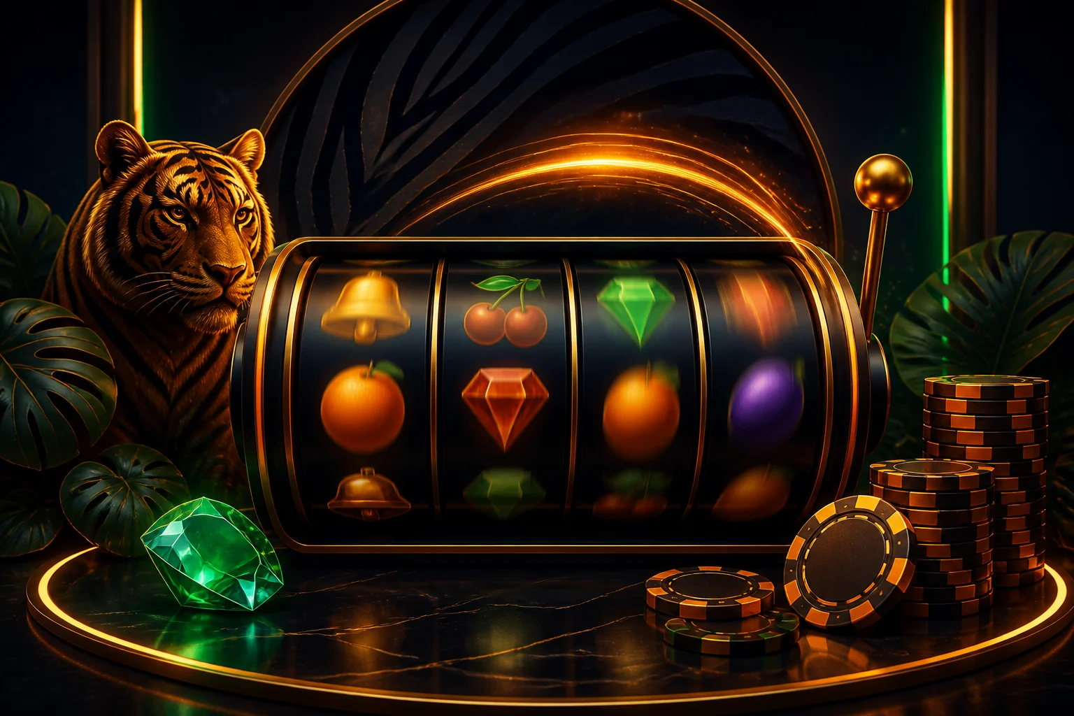 SpinTiger Freispiele mit Slot-Walze, Tiger-Motiv und Casino-Chips