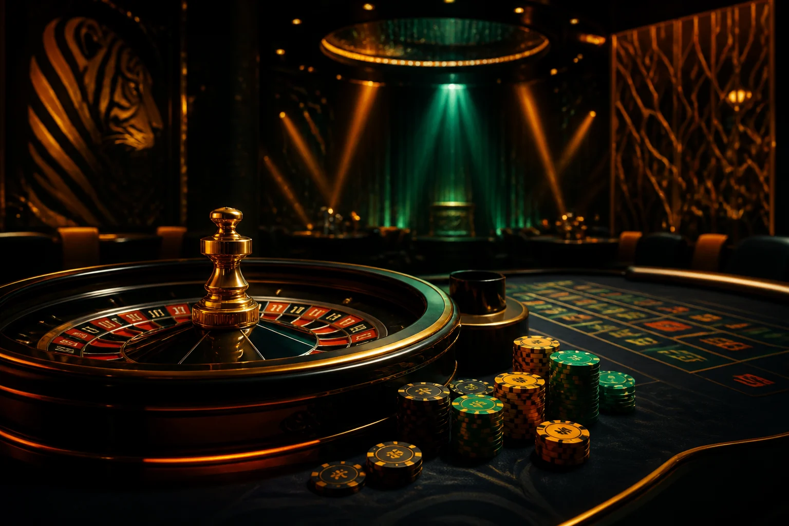 SpinTiger Casino-Spiele mit Roulettetisch, Chips und gruenem Studiolicht