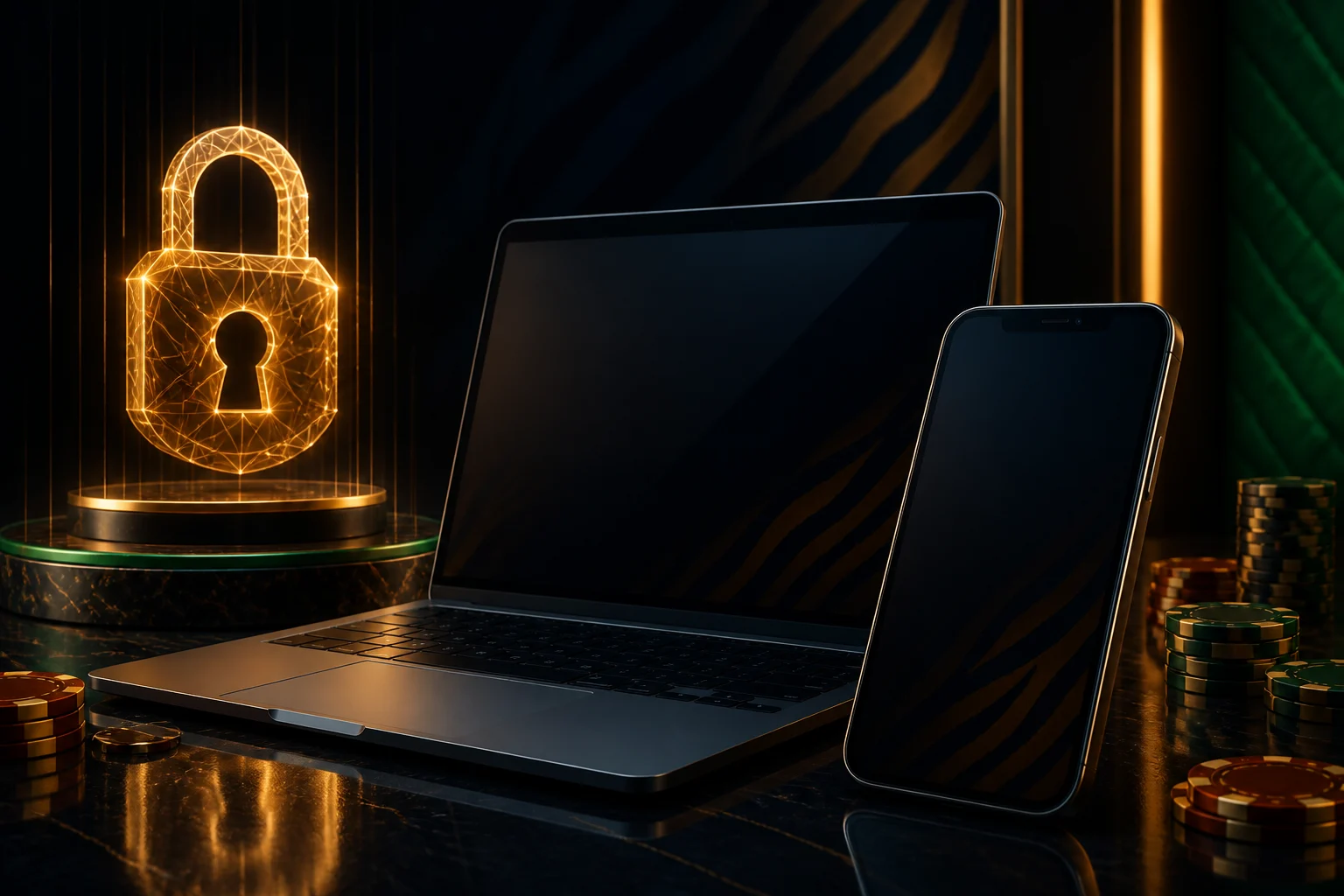 Sicherer SpinTiger Kontozugang mit Laptop und Smartphone im dunklen Casino-Design