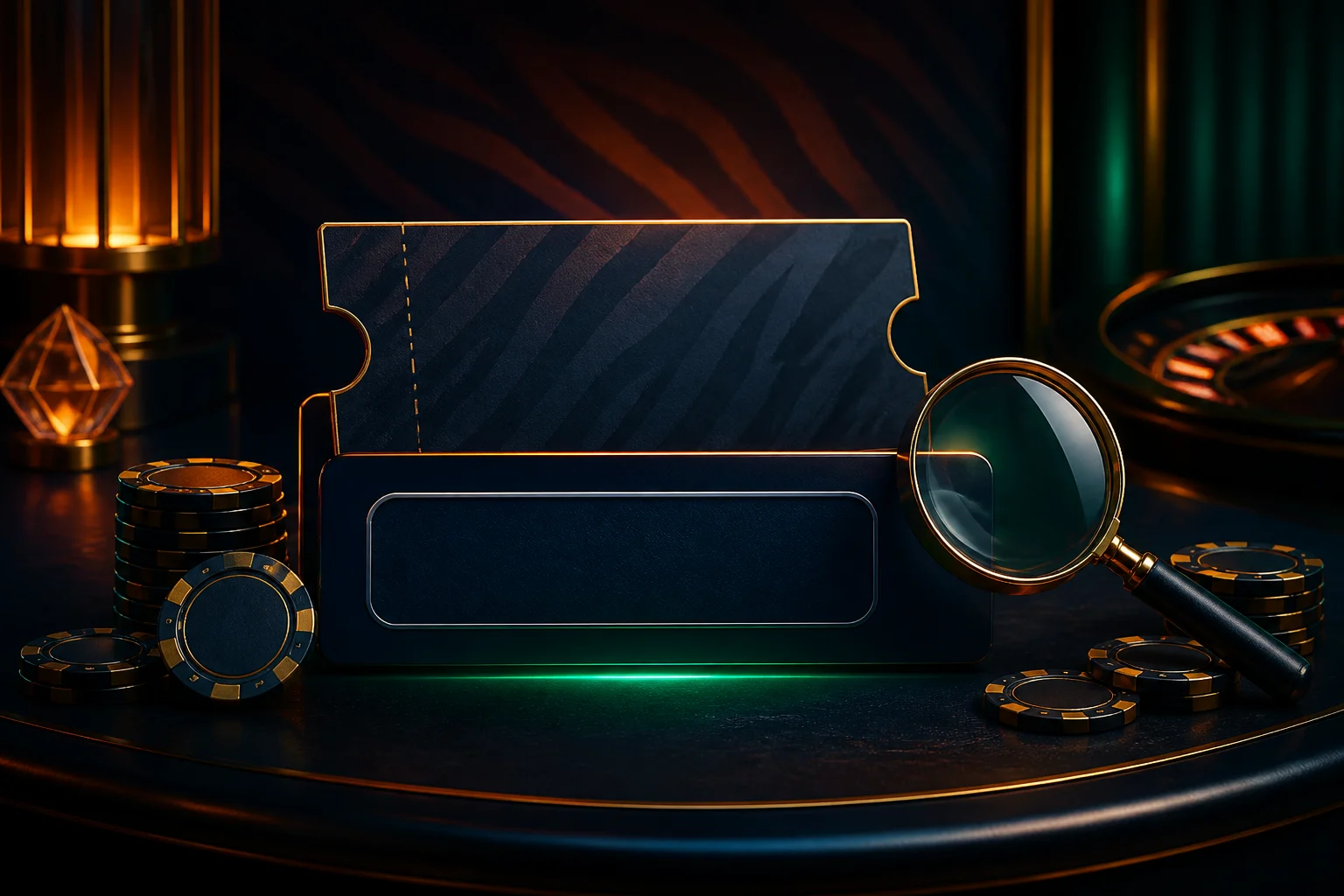 SpinTiger Bonuscode-Feld mit Lupe, Chips und dunklem Casino-Hintergrund