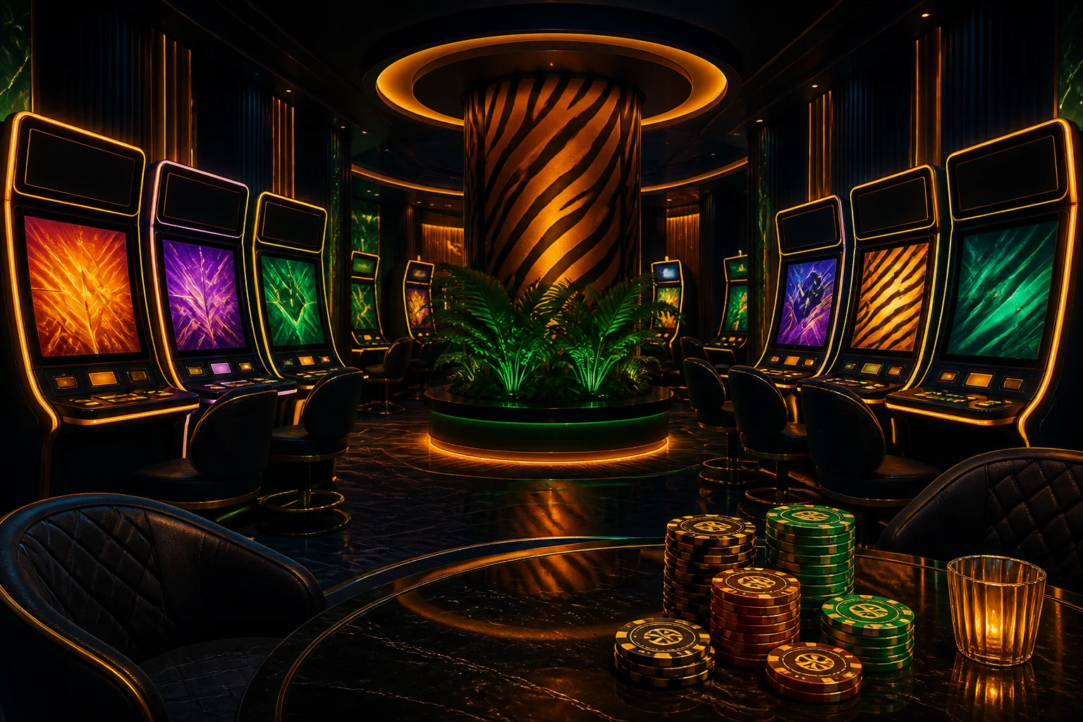 SpinTiger Spielautomaten-Lobby mit Slot-Reihe, Tiger-Motiv und Goldlicht