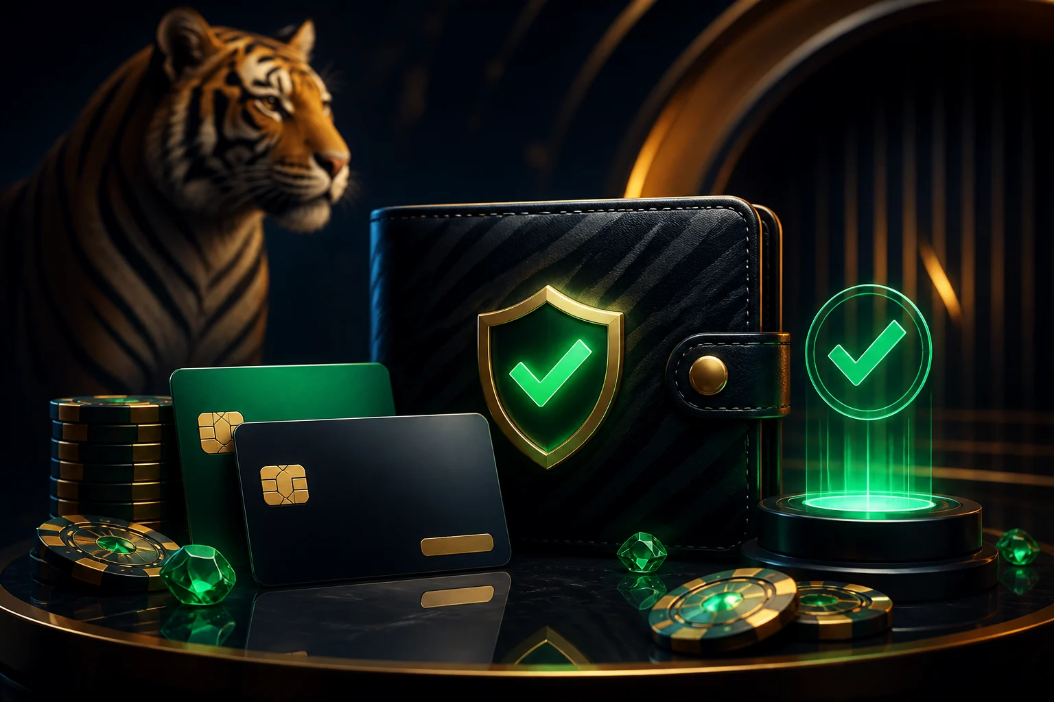 SpinTiger Auszahlungskontrolle mit Wallet, Karte und gruenem Sicherheitscheck